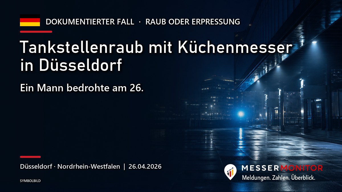 Titelgrafik: Tankstellenraub mit Küchenmesser in Düsseldorf. Ein Mann bedrohte am 26..