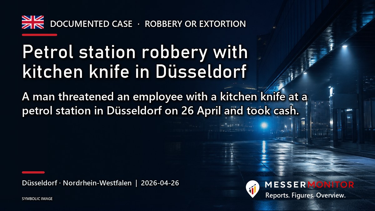 Title image: Petrol station robbery with kitchen knife in Düsseldorf. A man threatened an employee with a kitchen knife at a petrol station in Düsseldorf on 26 April and took cash..