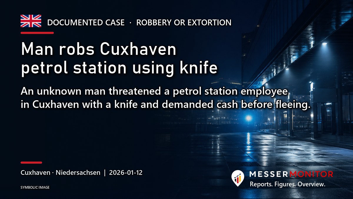 Title image: Man robs Cuxhaven petrol station using knife. An unknown man threatened a petrol station employee in Cuxhaven with a knife and demanded cash before fleeing..