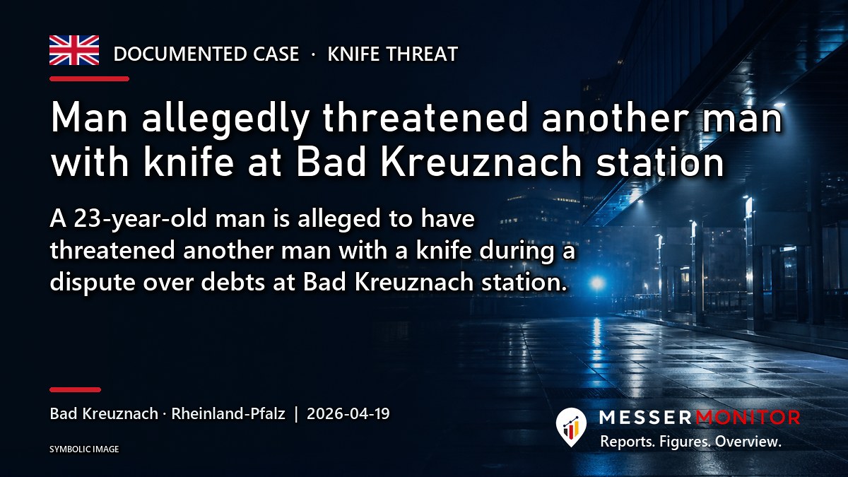 Title image: Man allegedly threatened another man with knife at Bad Kreuznach station. A 23-year-old man is alleged to have threatened another man with a knife during a dispute over debts at Bad Kreuznach station..