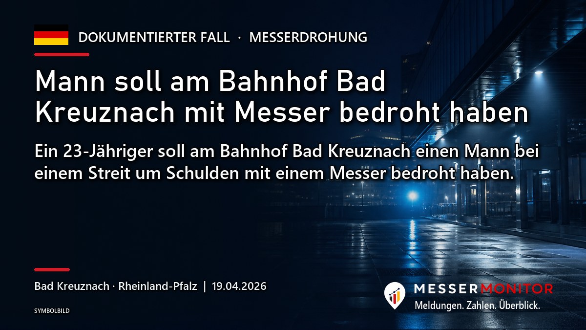 Titelgrafik: Mann soll am Bahnhof Bad Kreuznach mit Messer bedroht haben. Ein 23-Jähriger soll am Bahnhof Bad Kreuznach einen Mann bei einem Streit um Schulden mit einem Messer bedroht haben..