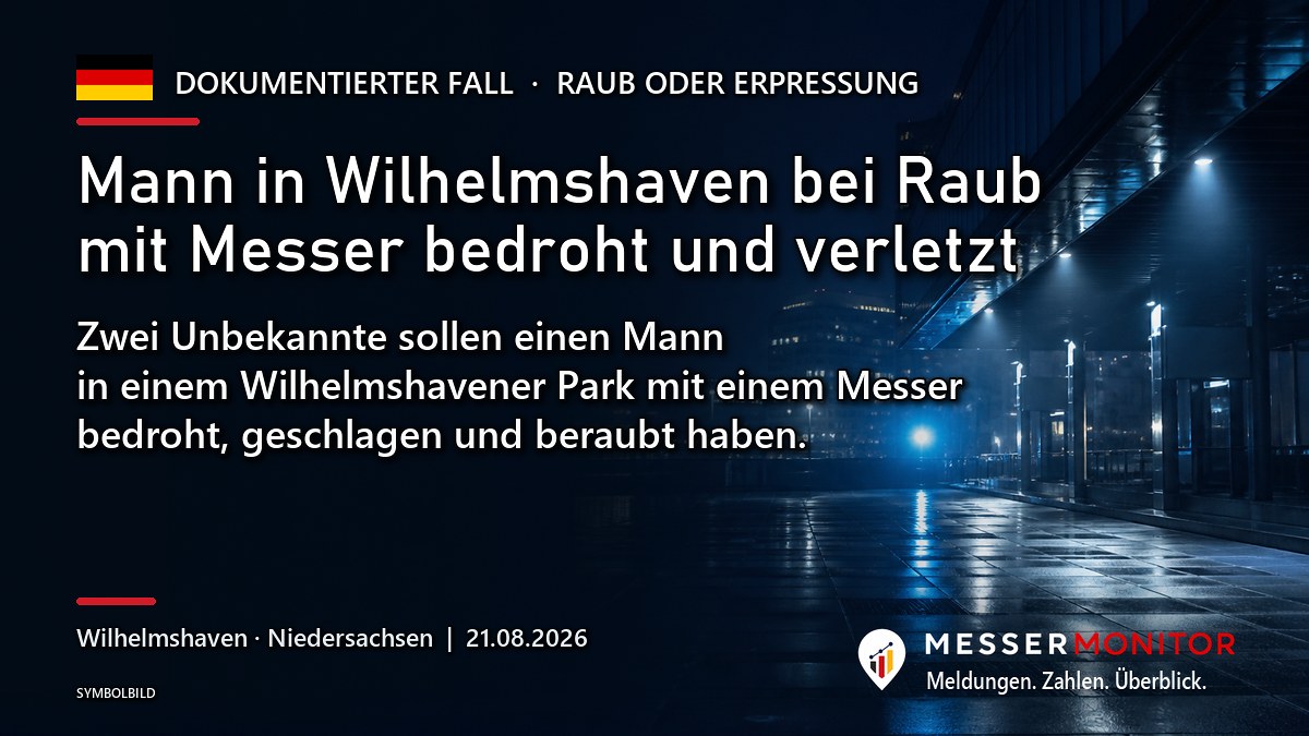 Titelgrafik: Mann in Wilhelmshaven bei Raub mit Messer bedroht und verletzt. Zwei Unbekannte sollen einen Mann in einem Wilhelmshavener Park mit einem Messer bedroht, geschlagen und beraubt haben..