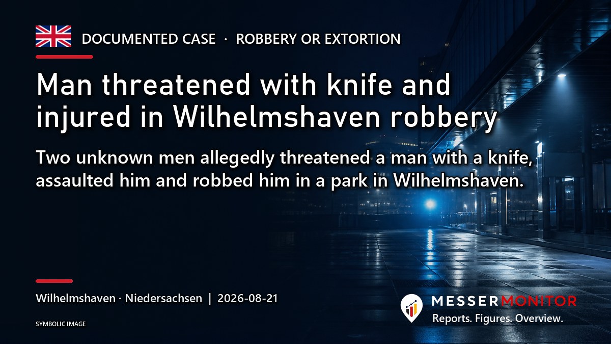 Title image: Man threatened with knife and injured in Wilhelmshaven robbery. Two unknown men allegedly threatened a man with a knife, assaulted him and robbed him in a park in Wilhelmshaven..