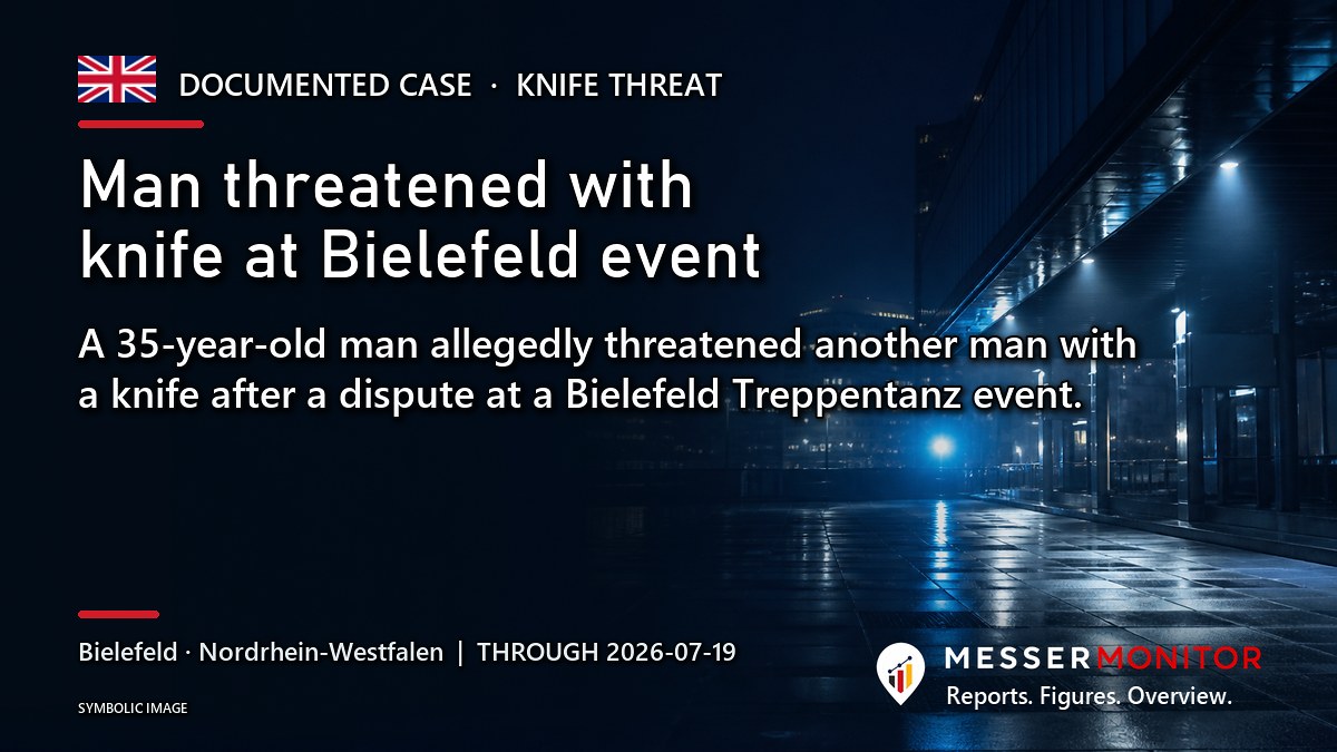 Title image: Man threatened with knife at Bielefeld event. A 35-year-old man allegedly threatened another man with a knife after a dispute at a Bielefeld Treppentanz event..