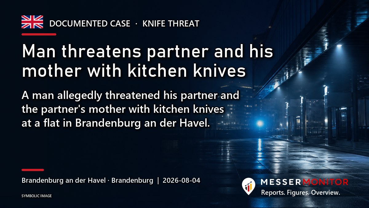 Title image: Man threatens partner and his mother with kitchen knives. A man allegedly threatened his partner and the partner's mother with kitchen knives at a flat in Brandenburg an der Havel..