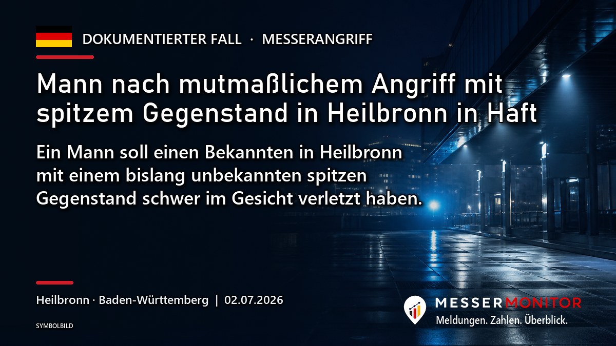 Titelgrafik: Mann nach mutmaßlichem Angriff mit spitzem Gegenstand in Heilbronn in Haft. Ein Mann soll einen Bekannten in Heilbronn mit einem bislang unbekannten spitzen Gegenstand schwer im Gesicht verletzt haben..