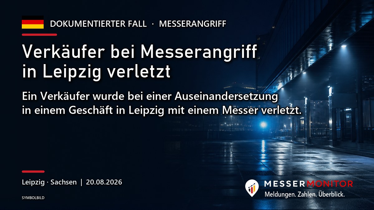 Titelgrafik: Verkäufer bei Messerangriff in Leipzig verletzt. Ein Verkäufer wurde bei einer Auseinandersetzung in einem Geschäft in Leipzig mit einem Messer verletzt..