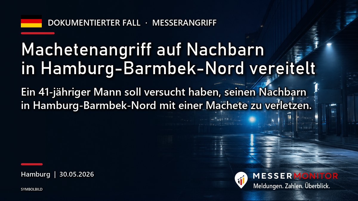 Titelgrafik: Machetenangriff auf Nachbarn in Hamburg-Barmbek-Nord vereitelt. Ein 41-jähriger Mann soll versucht haben, seinen Nachbarn in Hamburg-Barmbek-Nord mit einer Machete zu verletzen..