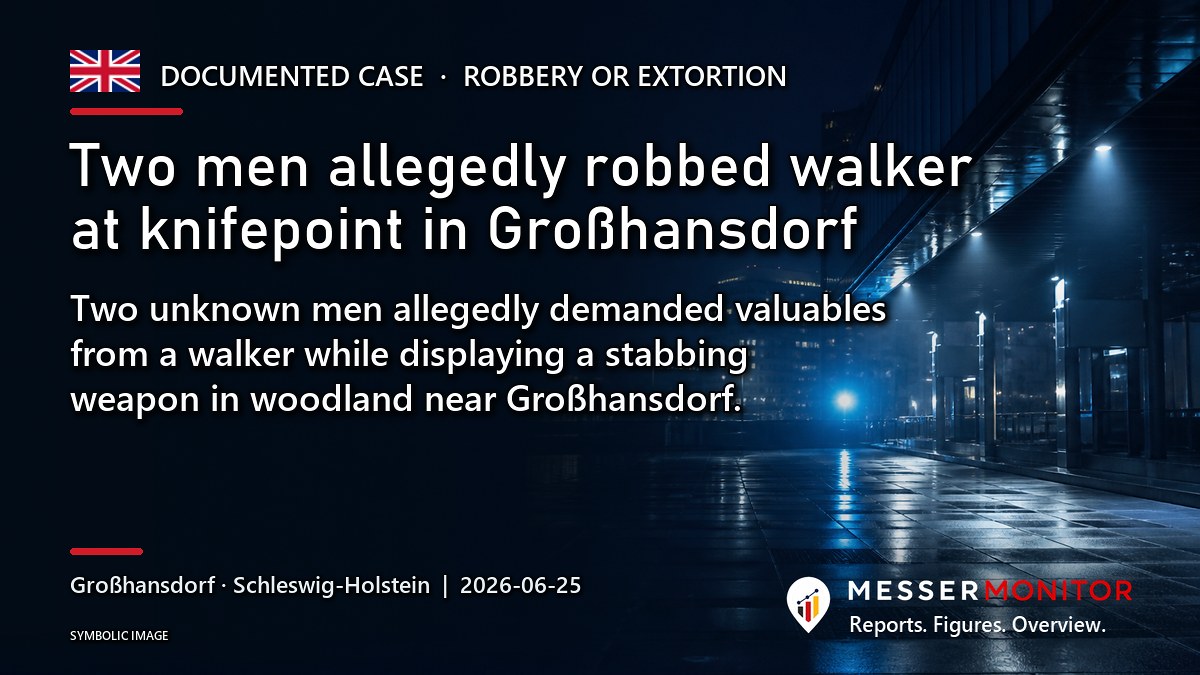 Title image: Two men allegedly robbed walker at knifepoint in Großhansdorf. Two unknown men allegedly demanded valuables from a walker while displaying a stabbing weapon in woodland near Großhansdorf..