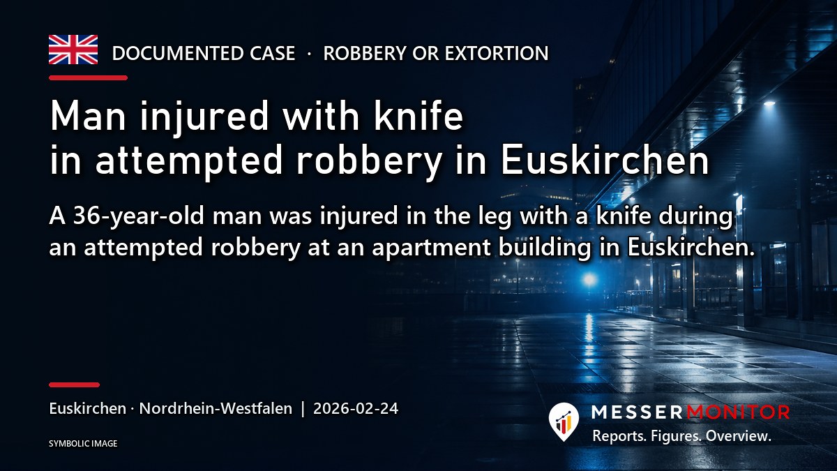 Title image: Man injured with knife in attempted robbery in Euskirchen. A 36-year-old man was injured in the leg with a knife during an attempted robbery at an apartment building in Euskirchen..