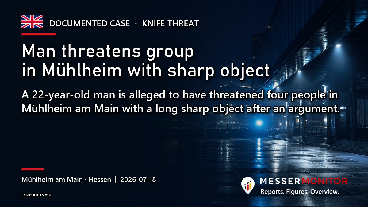 Title image: Man threatens group in Mühlheim with sharp object. A 22-year-old man is alleged to have threatened four people in Mühlheim am Main with a long sharp object after an argument..