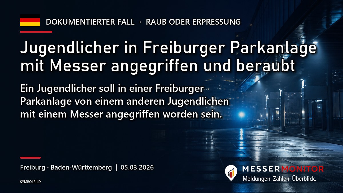 Titelgrafik: Jugendlicher in Freiburger Parkanlage mit Messer angegriffen und beraubt. Ein Jugendlicher soll in einer Freiburger Parkanlage von einem anderen Jugendlichen mit einem Messer angegriffen worden sein..