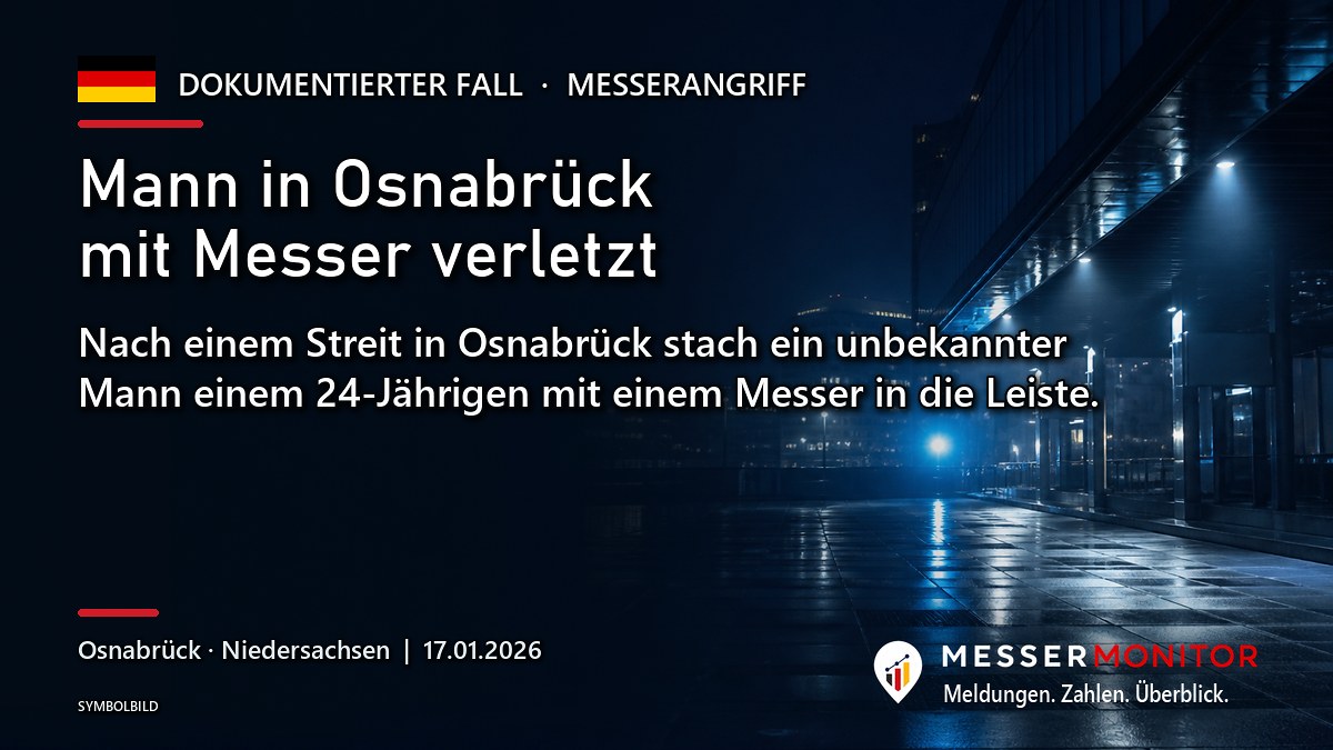 Titelgrafik: Mann in Osnabrück mit Messer verletzt. Nach einem Streit in Osnabrück stach ein unbekannter Mann einem 24-Jährigen mit einem Messer in die Leiste..