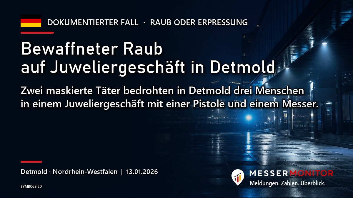 Titelgrafik: Bewaffneter Raub auf Juweliergeschäft in Detmold. Zwei maskierte Täter bedrohten in Detmold drei Menschen in einem Juweliergeschäft mit einer Pistole und einem Messer..