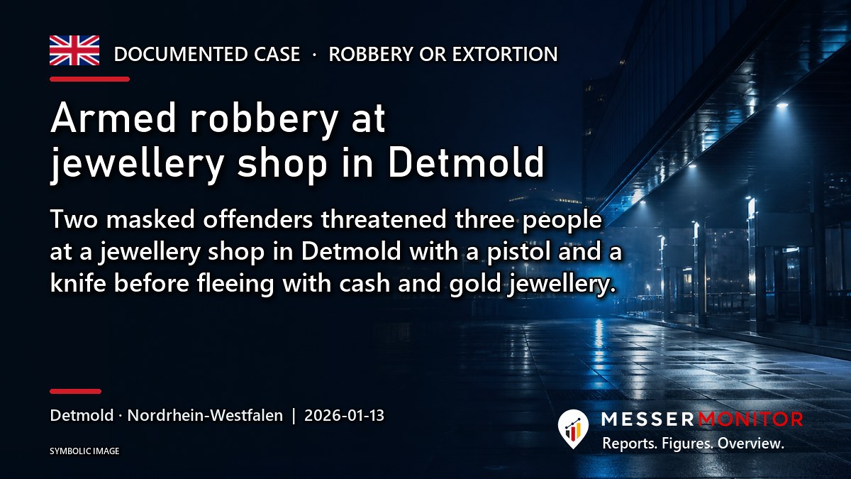 Title image: Armed robbery at jewellery shop in Detmold. Two masked offenders threatened three people at a jewellery shop in Detmold with a pistol and a knife before fleeing with cash and gold jewellery..