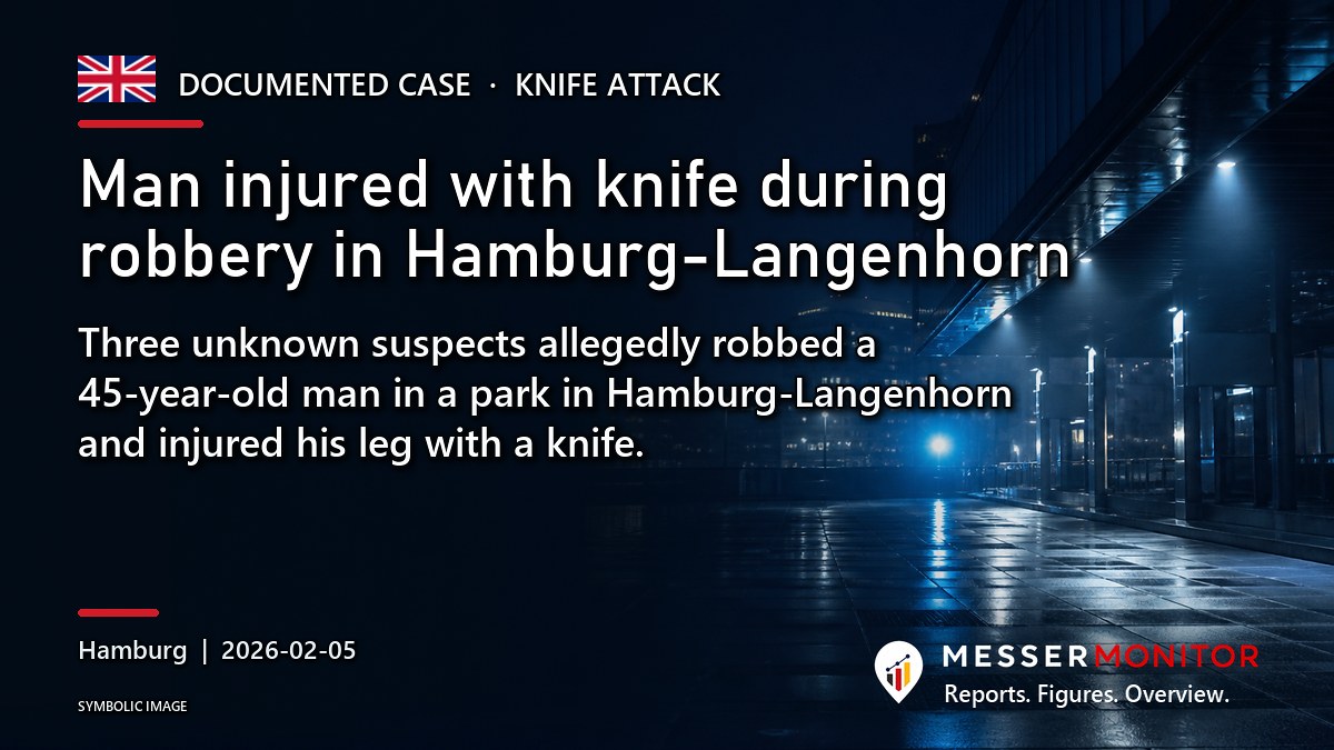 Title image: Man injured with knife during robbery in Hamburg-Langenhorn. Three unknown suspects allegedly robbed a 45-year-old man in a park in Hamburg-Langenhorn and injured his leg with a knife..