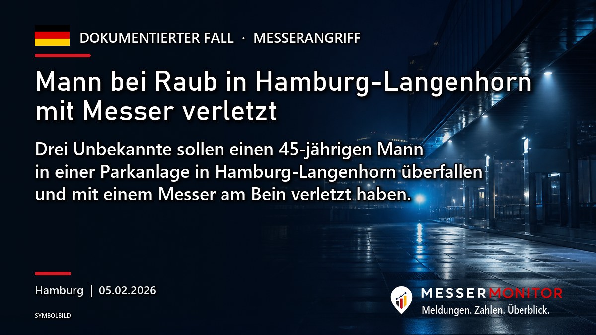 Titelgrafik: Mann bei Raub in Hamburg-Langenhorn mit Messer verletzt. Drei Unbekannte sollen einen 45-jährigen Mann in einer Parkanlage in Hamburg-Langenhorn überfallen und mit einem Messer am Bein verletzt haben..