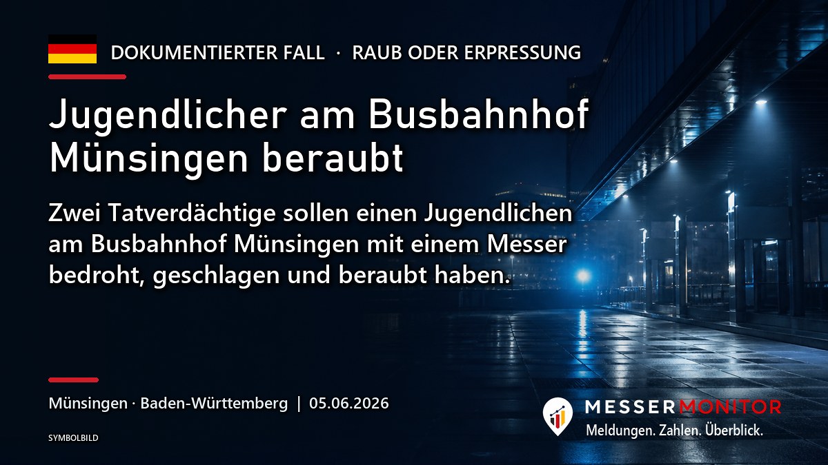 Titelgrafik: Jugendlicher am Busbahnhof Münsingen beraubt. Zwei Tatverdächtige sollen einen Jugendlichen am Busbahnhof Münsingen mit einem Messer bedroht, geschlagen und beraubt haben..