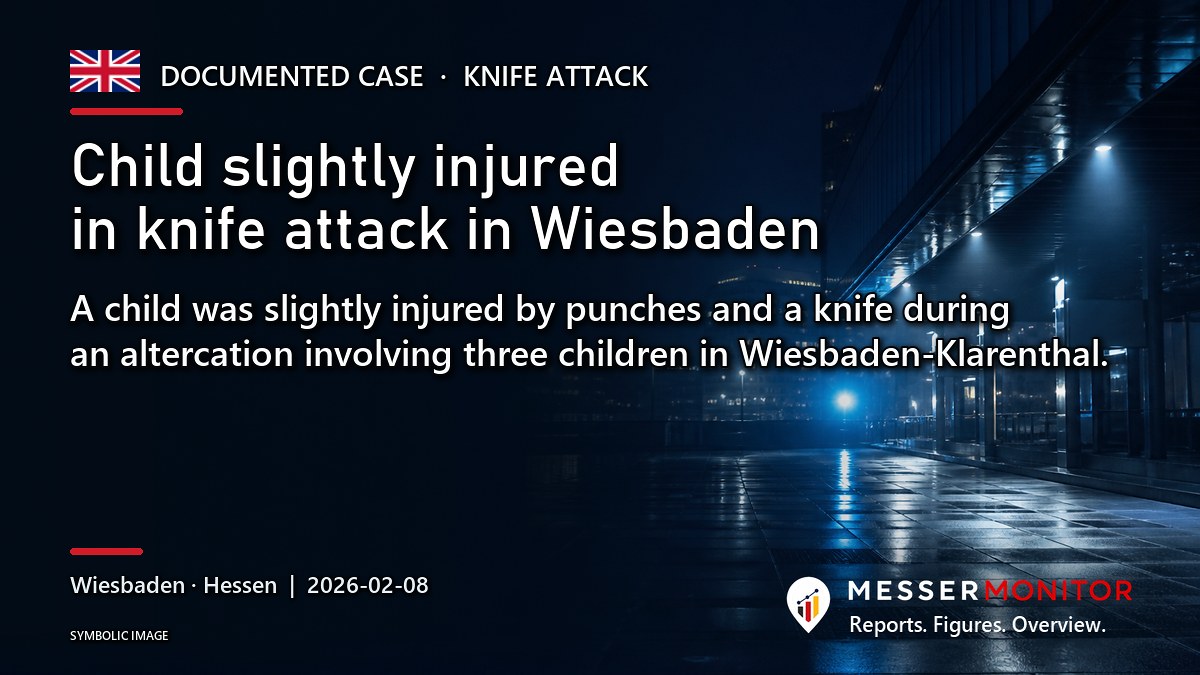 Title image: Child slightly injured in knife attack in Wiesbaden. A child was slightly injured by punches and a knife during an altercation involving three children in Wiesbaden-Klarenthal..