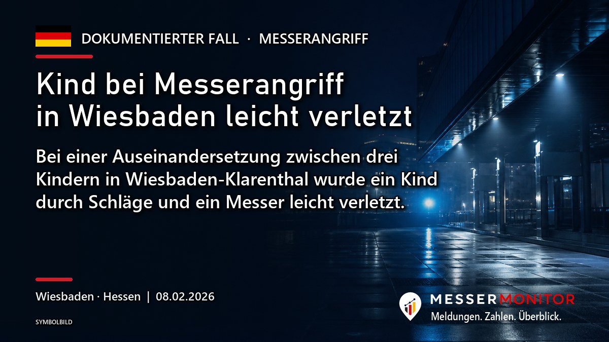 Titelgrafik: Kind bei Messerangriff in Wiesbaden leicht verletzt. Bei einer Auseinandersetzung zwischen drei Kindern in Wiesbaden-Klarenthal wurde ein Kind durch Schläge und ein Messer leicht verletzt..