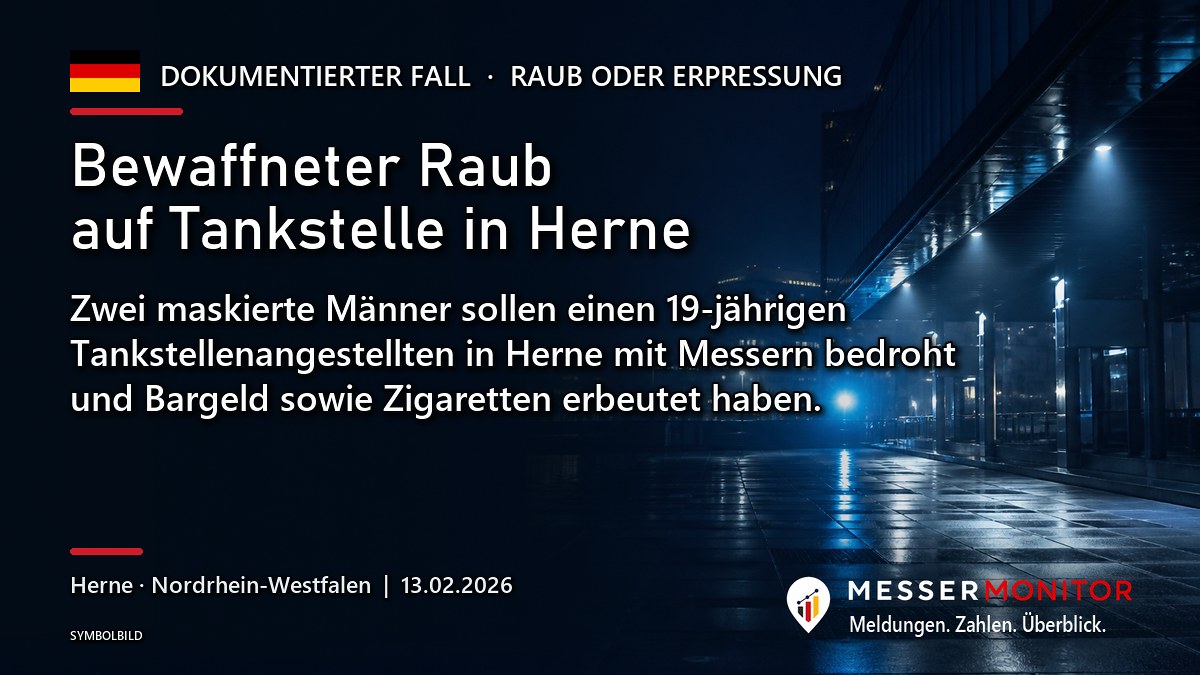Titelgrafik: Bewaffneter Raub auf Tankstelle in Herne. Zwei maskierte Männer sollen einen 19-jährigen Tankstellenangestellten in Herne mit Messern bedroht und Bargeld sowie Zigaretten erbeutet haben..