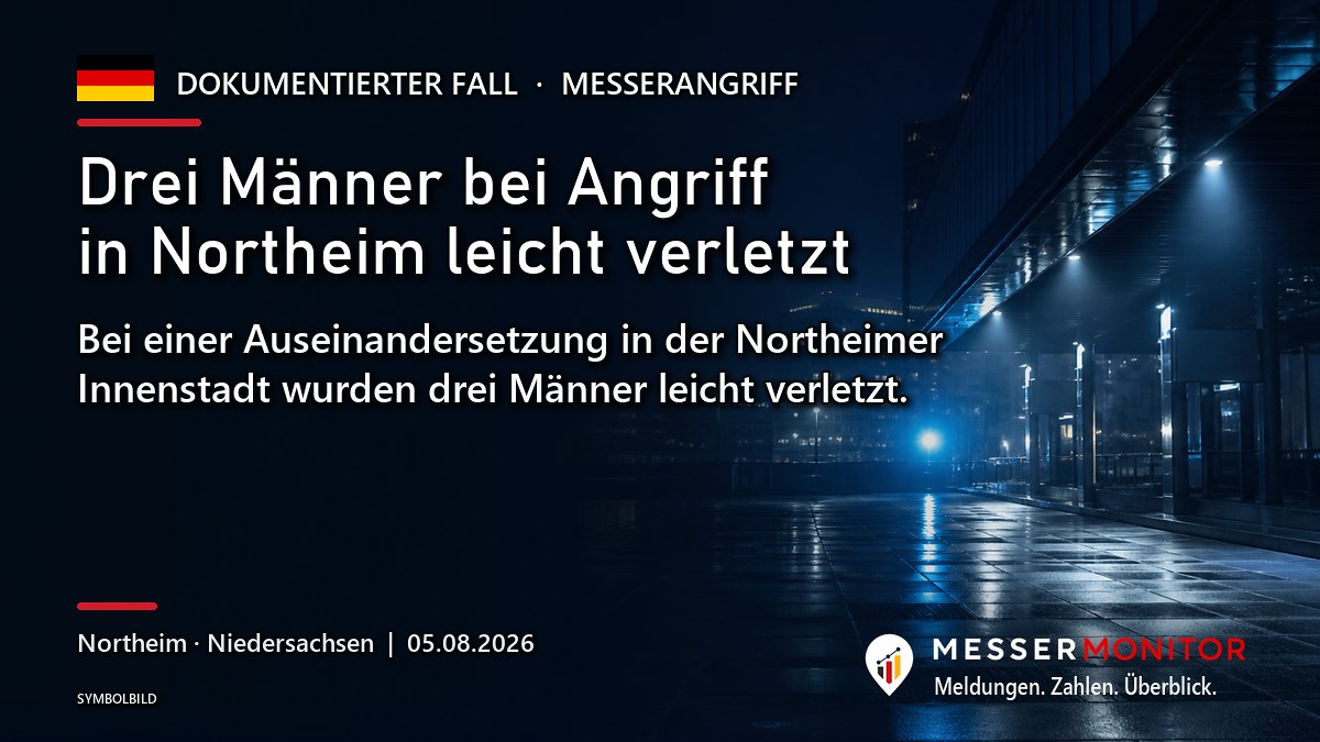 Titelgrafik: Drei Männer bei Angriff in Northeim leicht verletzt. Bei einer Auseinandersetzung in der Northeimer Innenstadt wurden drei Männer leicht verletzt..