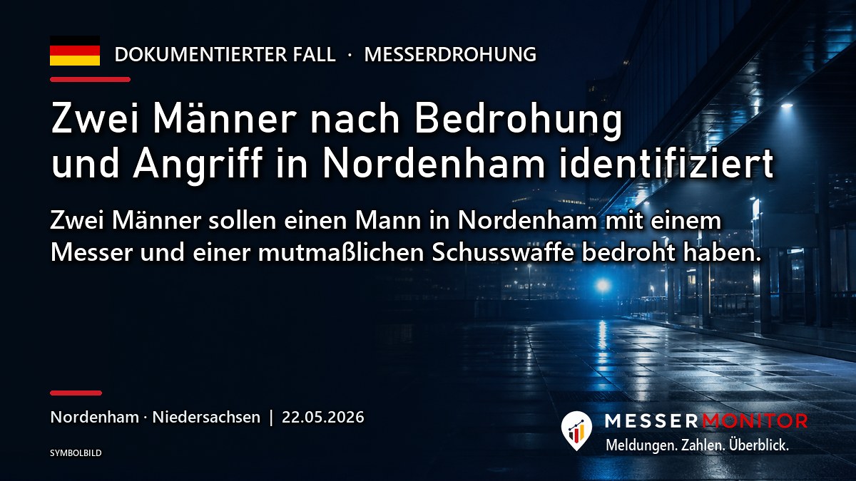 Titelgrafik: Zwei Männer nach Bedrohung und Angriff in Nordenham identifiziert. Zwei Männer sollen einen Mann in Nordenham mit einem Messer und einer mutmaßlichen Schusswaffe bedroht haben..
