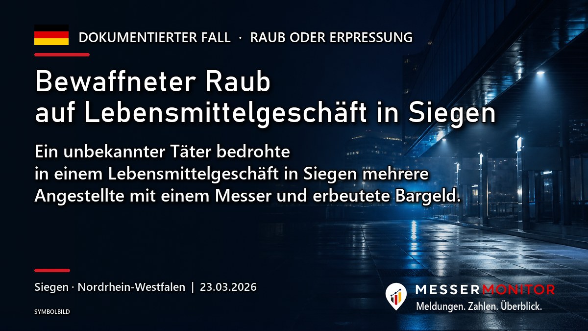 Titelgrafik: Bewaffneter Raub auf Lebensmittelgeschäft in Siegen. Ein unbekannter Täter bedrohte in einem Lebensmittelgeschäft in Siegen mehrere Angestellte mit einem Messer und erbeutete Bargeld..