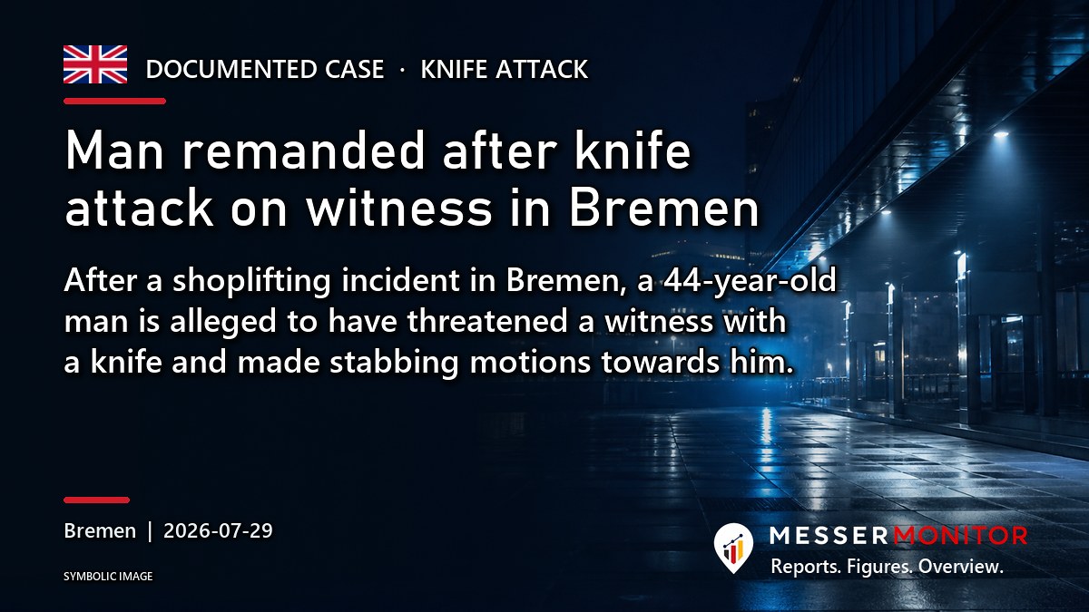 Title image: Man remanded after knife attack on witness in Bremen. After a shoplifting incident in Bremen, a 44-year-old man is alleged to have threatened a witness with a knife and made stabbing motions towards him..