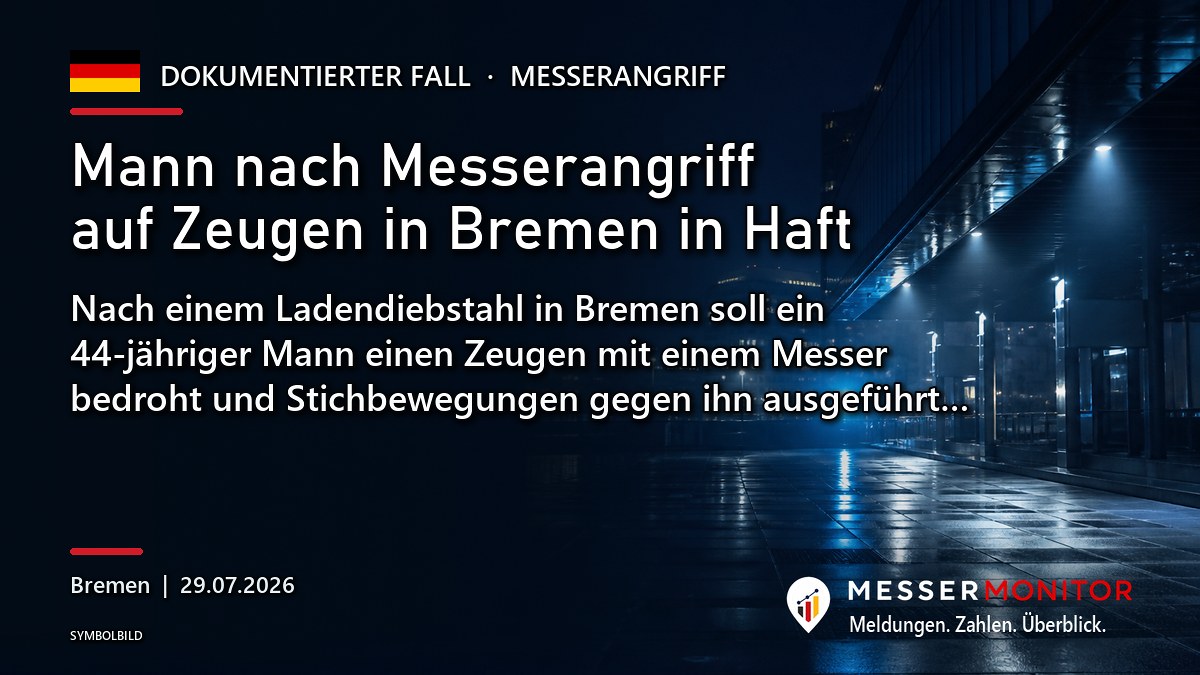 Titelgrafik: Mann nach Messerangriff auf Zeugen in Bremen in Haft. Nach einem Ladendiebstahl in Bremen soll ein 44-jähriger Mann einen Zeugen mit einem Messer bedroht und Stichbewegungen gegen ihn ausgeführt….