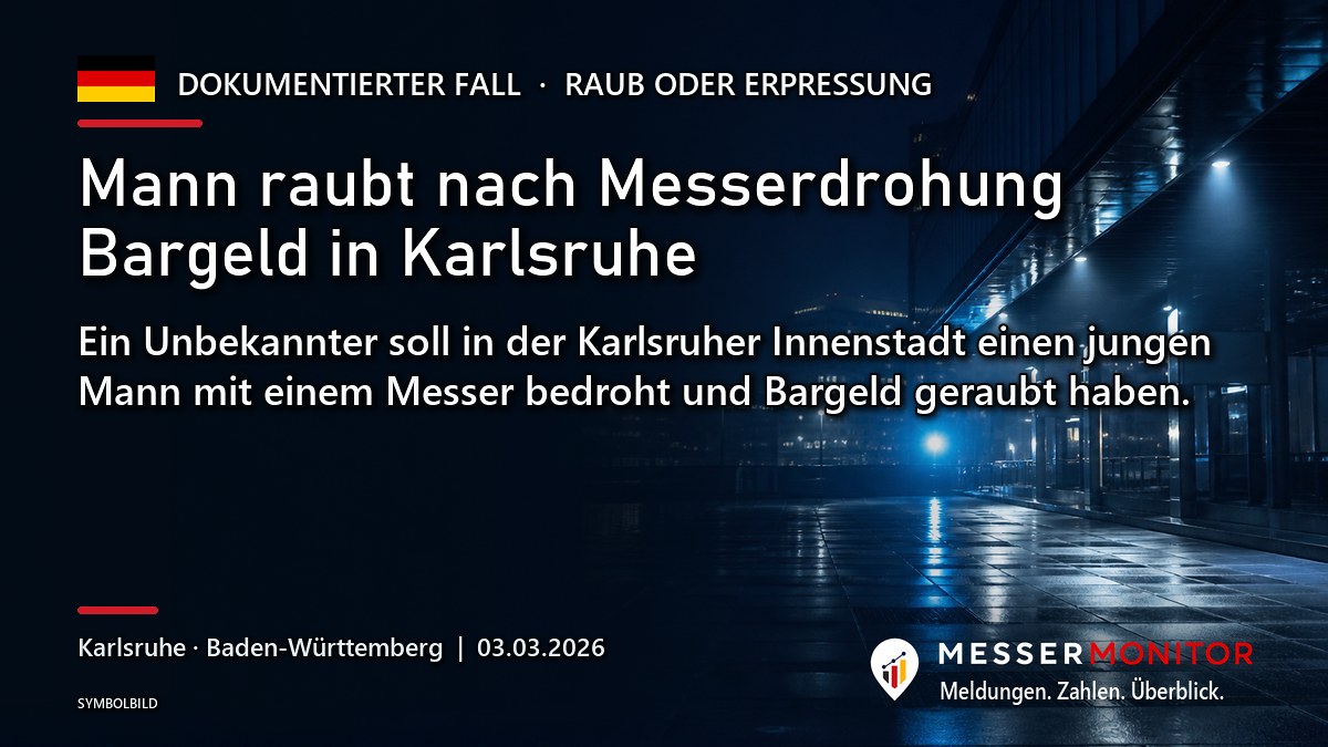 Titelgrafik: Mann raubt nach Messerdrohung Bargeld in Karlsruhe. Ein Unbekannter soll in der Karlsruher Innenstadt einen jungen Mann mit einem Messer bedroht und Bargeld geraubt haben..