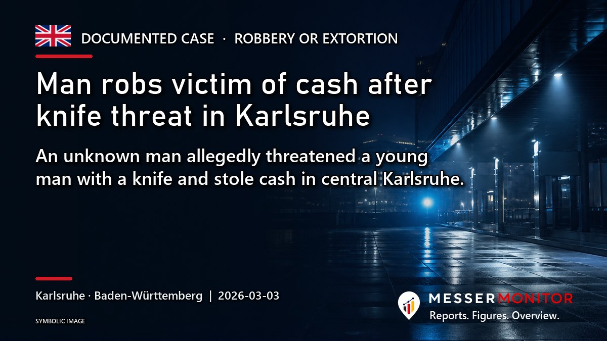 Title image: Man robs victim of cash after knife threat in Karlsruhe. An unknown man allegedly threatened a young man with a knife and stole cash in central Karlsruhe..