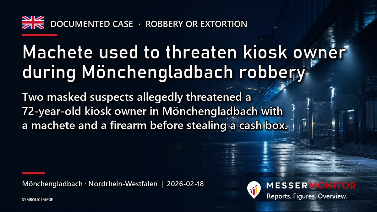 Title image: Machete used to threaten kiosk owner during Mönchengladbach robbery. Two masked suspects allegedly threatened a 72-year-old kiosk owner in Mönchengladbach with a machete and a firearm before stealing a cash box..