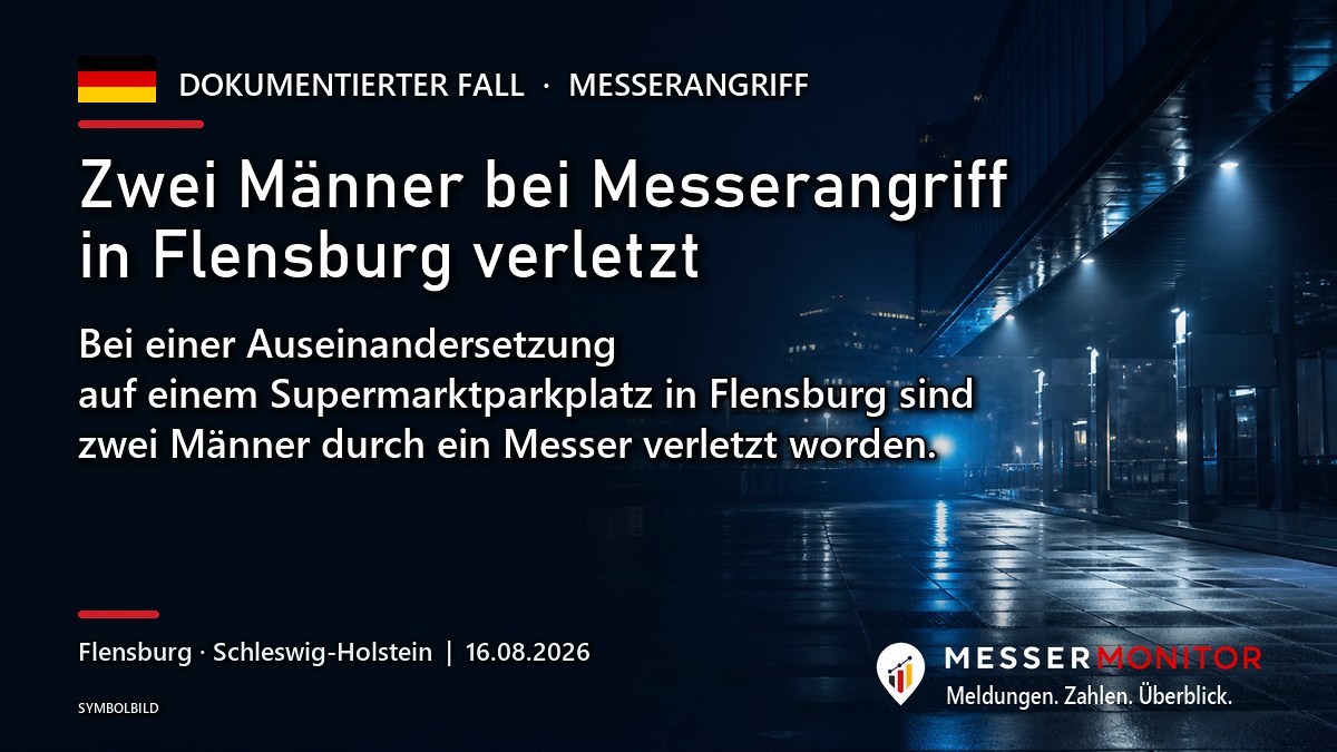 Titelgrafik: Zwei Männer bei Messerangriff in Flensburg verletzt. Bei einer Auseinandersetzung auf einem Supermarktparkplatz in Flensburg sind zwei Männer durch ein Messer verletzt worden..