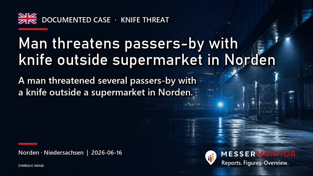 Title image: Man threatens passers-by with knife outside supermarket in Norden. A man threatened several passers-by with a knife outside a supermarket in Norden..