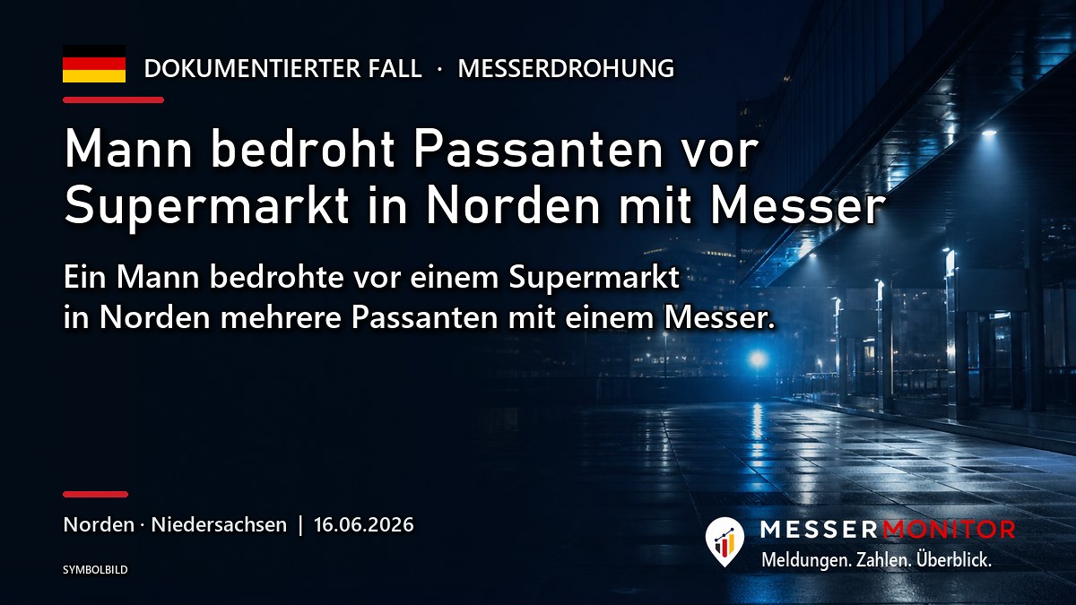 Titelgrafik: Mann bedroht Passanten vor Supermarkt in Norden mit Messer. Ein Mann bedrohte vor einem Supermarkt in Norden mehrere Passanten mit einem Messer..