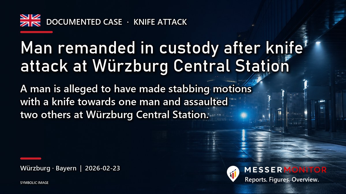 Title image: Man remanded in custody after knife attack at Würzburg Central Station. A man is alleged to have made stabbing motions with a knife towards one man and assaulted two others at Würzburg Central Station..