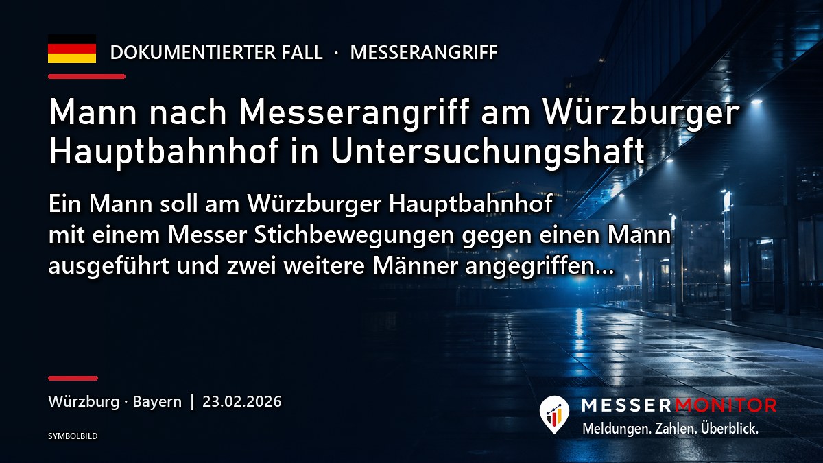 Titelgrafik: Mann nach Messerangriff am Würzburger Hauptbahnhof in Untersuchungshaft. Ein Mann soll am Würzburger Hauptbahnhof mit einem Messer Stichbewegungen gegen einen Mann ausgeführt und zwei weitere Männer angegriffen….