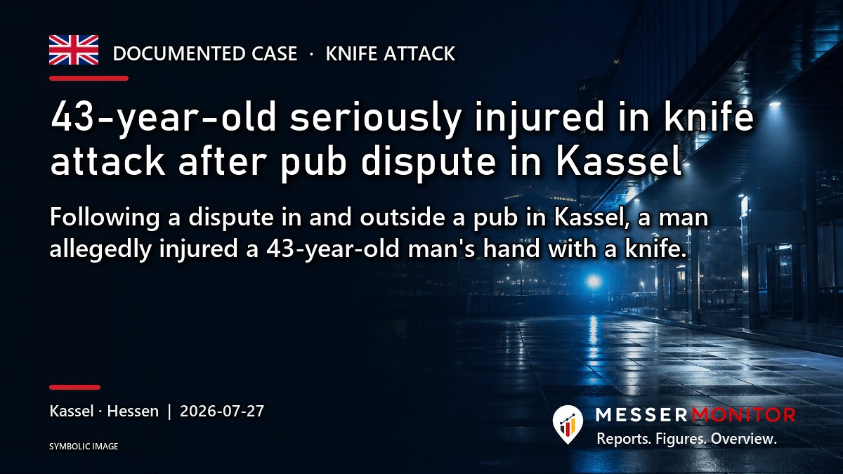 Title image: 43-year-old seriously injured in knife attack after pub dispute in Kassel. Following a dispute in and outside a pub in Kassel, a man allegedly injured a 43-year-old man's hand with a knife..