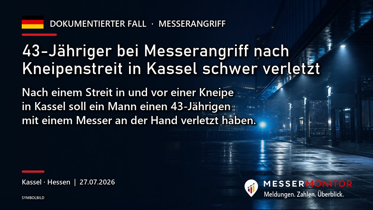 Titelgrafik: 43-Jähriger bei Messerangriff nach Kneipenstreit in Kassel schwer verletzt. Nach einem Streit in und vor einer Kneipe in Kassel soll ein Mann einen 43-Jährigen mit einem Messer an der Hand verletzt haben..