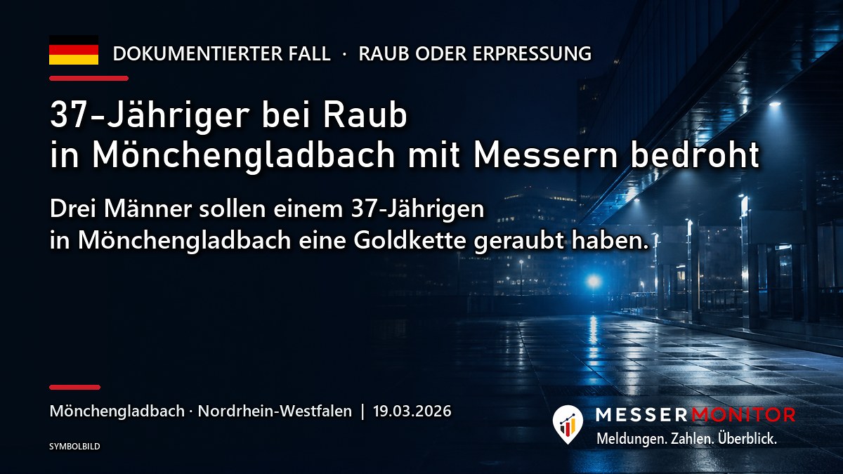 Titelgrafik: 37-Jähriger bei Raub in Mönchengladbach mit Messern bedroht. Drei Männer sollen einem 37-Jährigen in Mönchengladbach eine Goldkette geraubt haben..