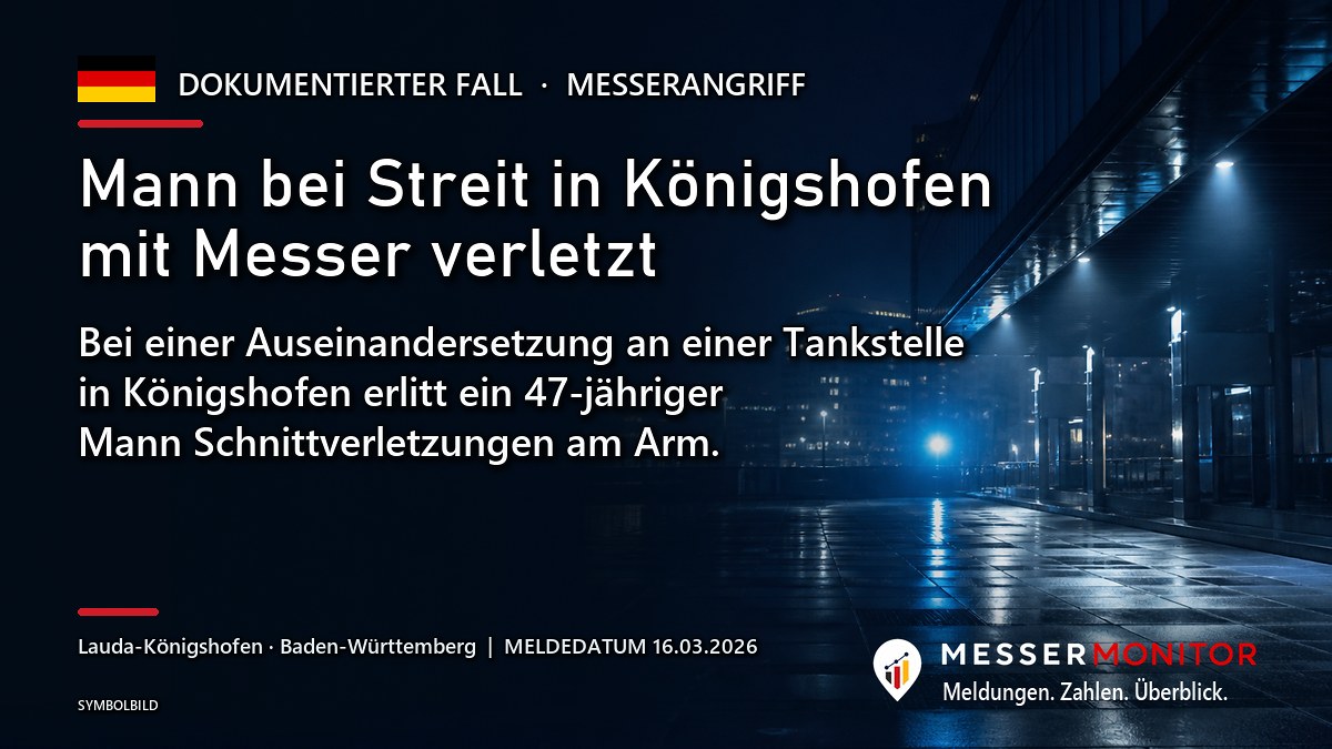 Titelgrafik: Mann bei Streit in Königshofen mit Messer verletzt. Bei einer Auseinandersetzung an einer Tankstelle in Königshofen erlitt ein 47-jähriger Mann Schnittverletzungen am Arm..
