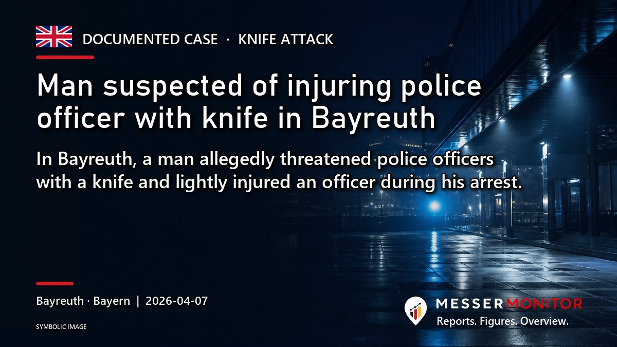 Title image: Man suspected of injuring police officer with knife in Bayreuth. In Bayreuth, a man allegedly threatened police officers with a knife and lightly injured an officer during his arrest..