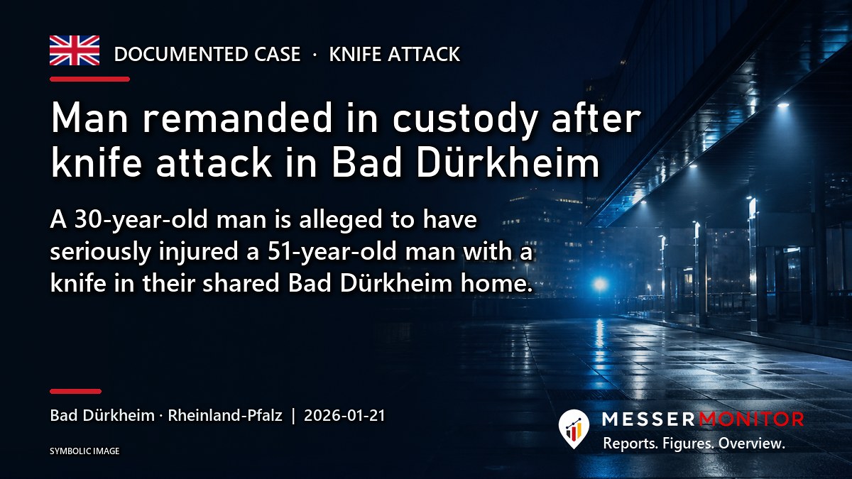 Title image: Man remanded in custody after knife attack in Bad Dürkheim. A 30-year-old man is alleged to have seriously injured a 51-year-old man with a knife in their shared Bad Dürkheim home..