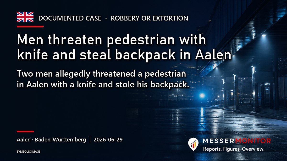 Title image: Men threaten pedestrian with knife and steal backpack in Aalen. Two men allegedly threatened a pedestrian in Aalen with a knife and stole his backpack..