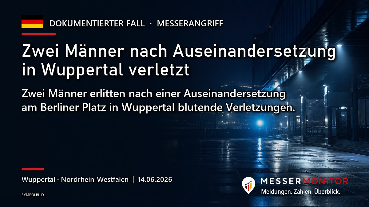 Titelgrafik: Zwei Männer nach Auseinandersetzung in Wuppertal verletzt. Zwei Männer erlitten nach einer Auseinandersetzung am Berliner Platz in Wuppertal blutende Verletzungen..