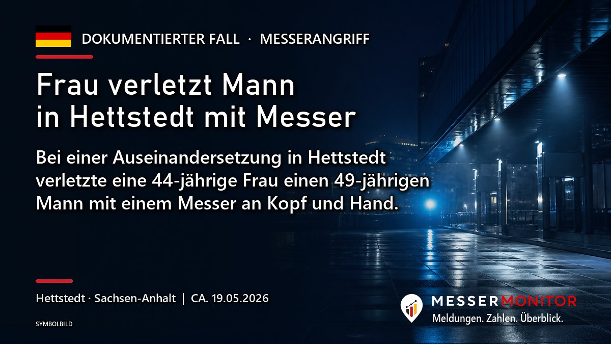 Titelgrafik: Frau verletzt Mann in Hettstedt mit Messer. Bei einer Auseinandersetzung in Hettstedt verletzte eine 44-jährige Frau einen 49-jährigen Mann mit einem Messer an Kopf und Hand..