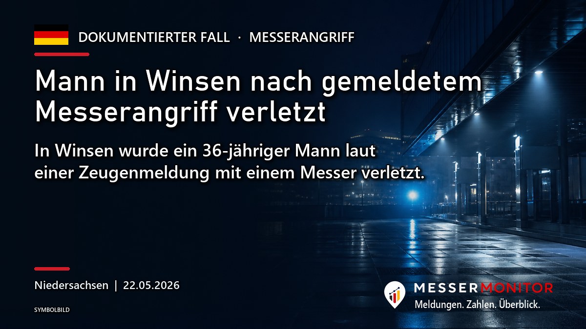 Titelgrafik: Mann in Winsen nach gemeldetem Messerangriff verletzt. In Winsen wurde ein 36-jähriger Mann laut einer Zeugenmeldung mit einem Messer verletzt..