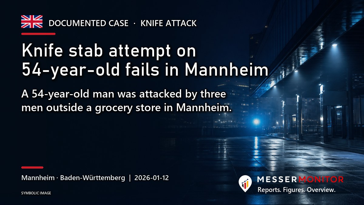 Title image: Knife stab attempt on 54-year-old fails in Mannheim. A 54-year-old man was attacked by three men outside a grocery store in Mannheim..