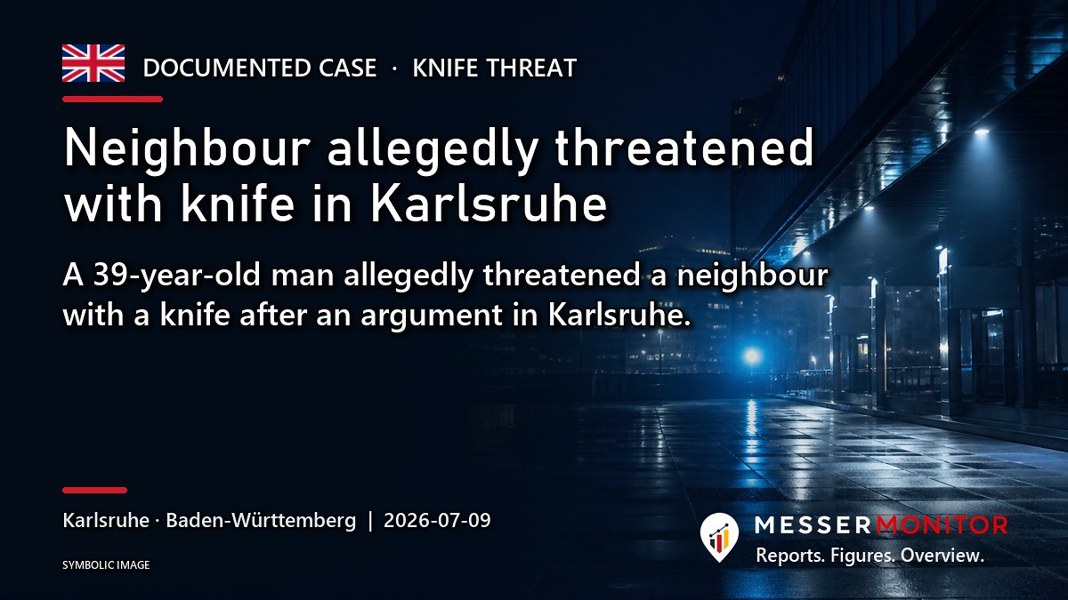 Title image: Neighbour allegedly threatened with knife in Karlsruhe. A 39-year-old man allegedly threatened a neighbour with a knife after an argument in Karlsruhe..